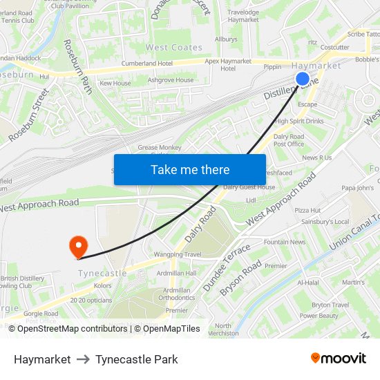 Haymarket to Tynecastle Park map
