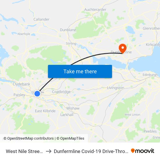 West Nile Street, Glasgow to Dunfermline Covid-19 Drive-Through Testing Centre map