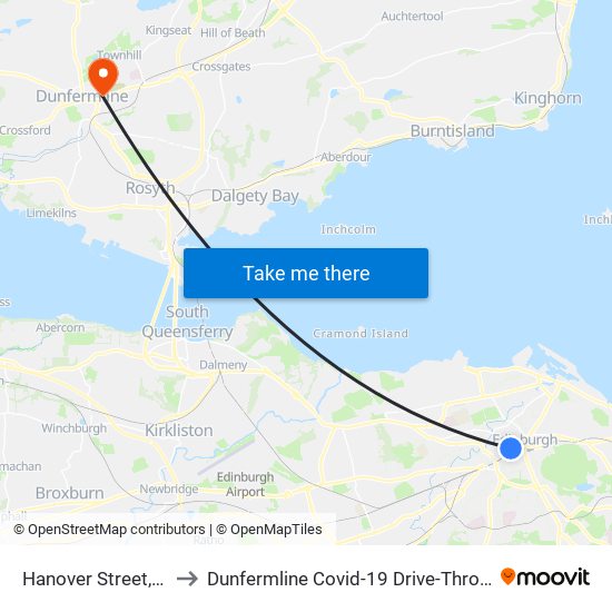 Hanover Street, Edinburgh to Dunfermline Covid-19 Drive-Through Testing Centre map