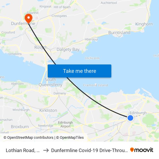 Lothian Road, West End to Dunfermline Covid-19 Drive-Through Testing Centre map