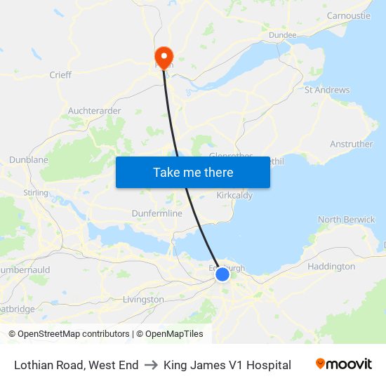 Lothian Road, West End to King James V1 Hospital map