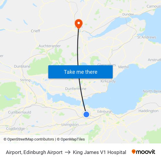 Airport, Edinburgh Airport to King James V1 Hospital map