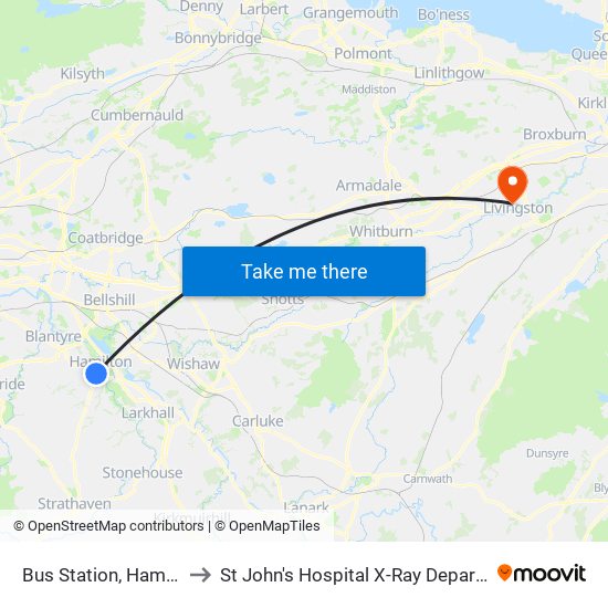 Bus Station, Hamilton to St John's Hospital X-Ray Department map