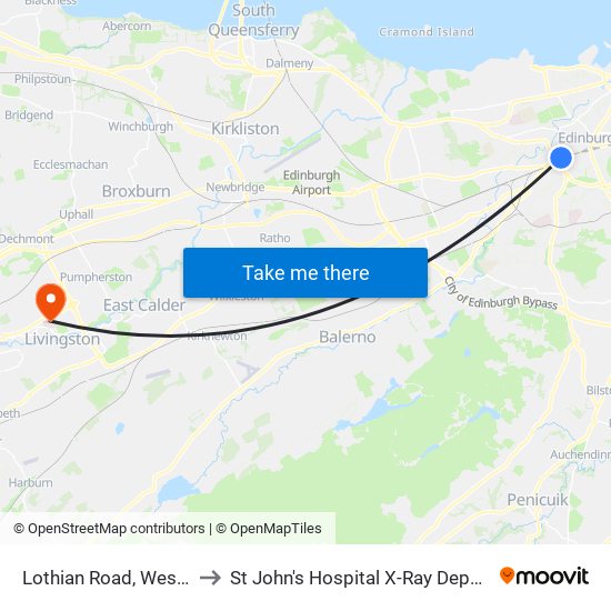 Lothian Road, West End to St John's Hospital X-Ray Department map