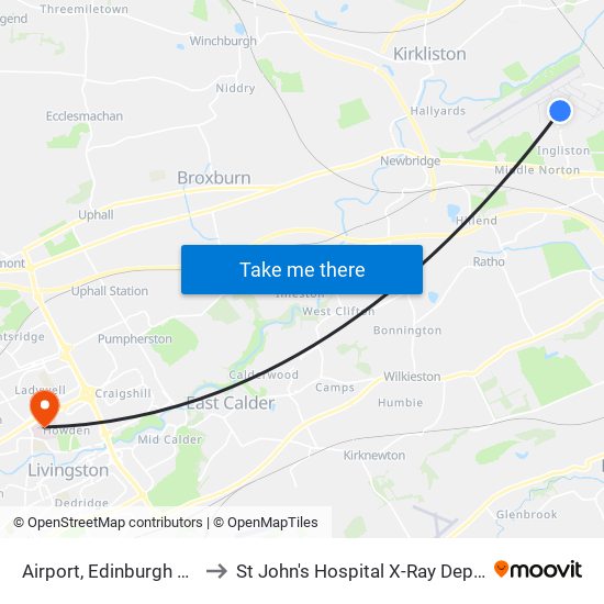 Airport, Edinburgh Airport to St John's Hospital X-Ray Department map