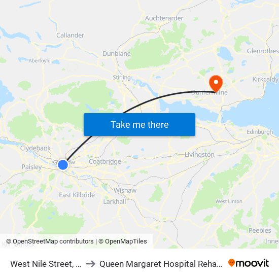 West Nile Street, Glasgow to Queen Margaret Hospital Rehabilitation Dept. map