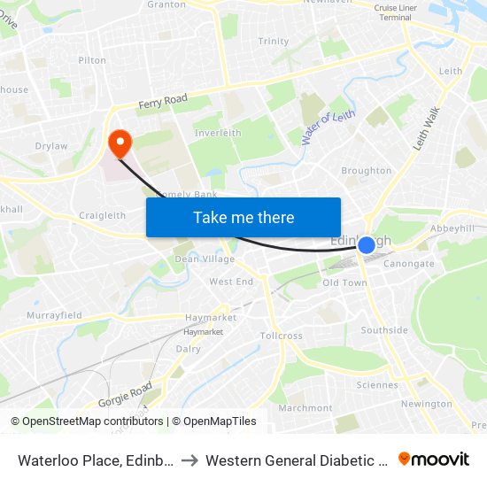 Waterloo Place, Edinburgh to Western General Diabetic Clinic map