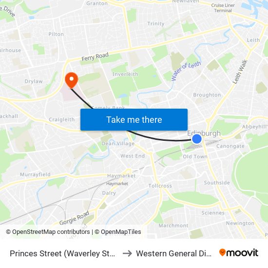 Princes Street (Waverley Steps), Edinburgh to Western General Diabetic Clinic map
