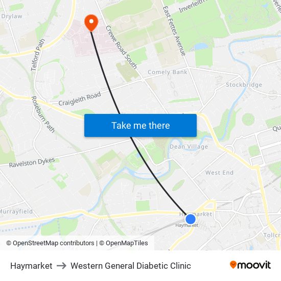 Haymarket to Western General Diabetic Clinic map