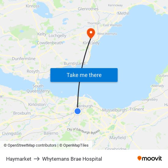 Haymarket to Whytemans Brae Hospital map