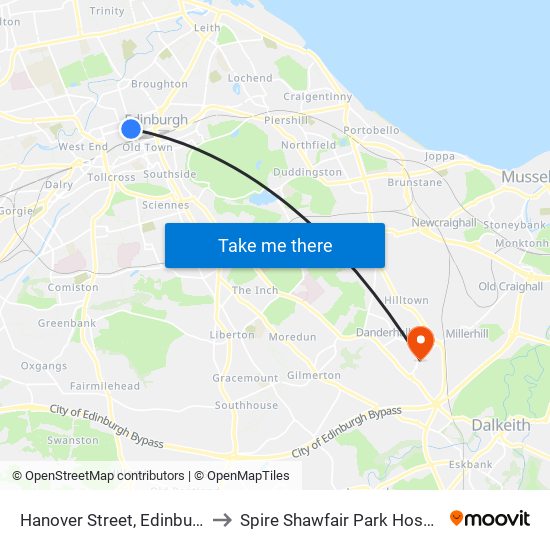 Hanover Street, Edinburgh to Spire Shawfair Park Hospital map