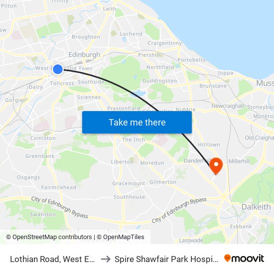 Lothian Road, West End to Spire Shawfair Park Hospital map