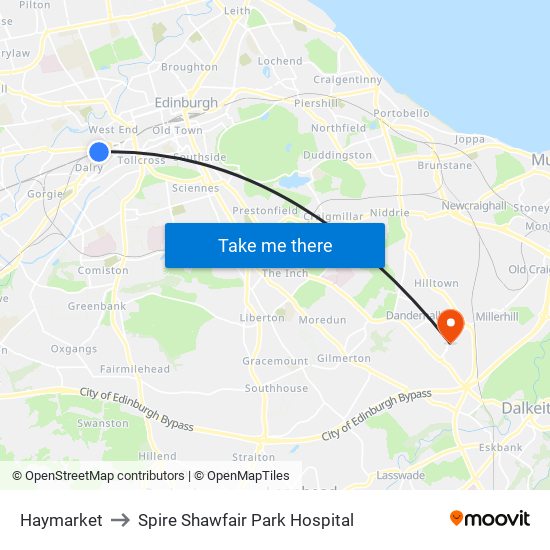 Haymarket to Spire Shawfair Park Hospital map