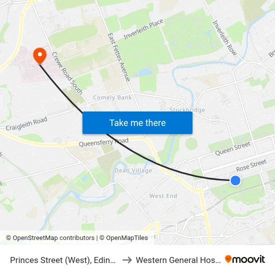 Princes Street (West), Edinburgh to Western General Hospital map