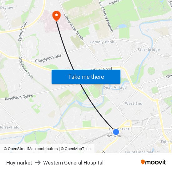 Haymarket to Western General Hospital map