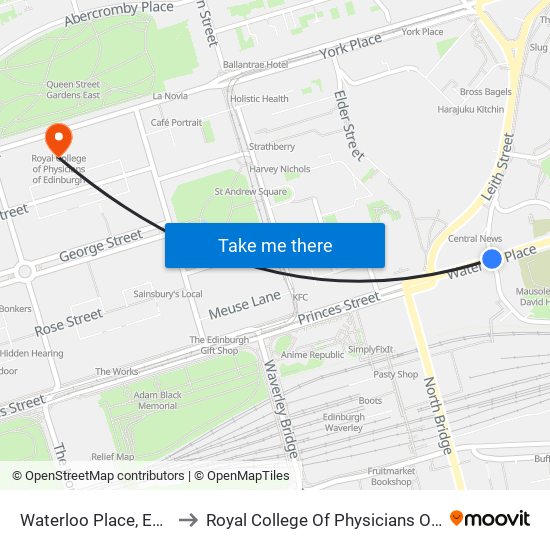 Waterloo Place, Edinburgh to Royal College Of Physicians Of Edinburgh map