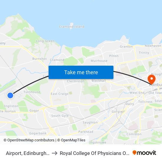 Airport, Edinburgh Airport to Royal College Of Physicians Of Edinburgh map
