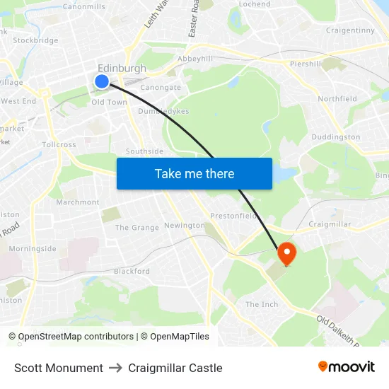 Scott Monument to Craigmillar Castle map