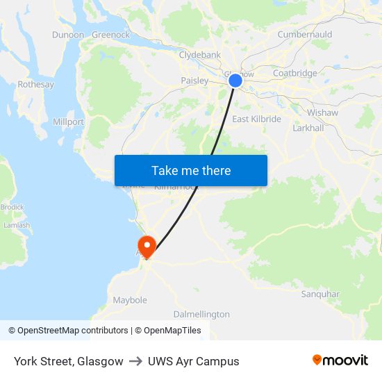 York Street, Glasgow to UWS Ayr Campus map