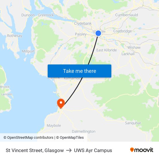 St Vincent Street, Glasgow to UWS Ayr Campus map