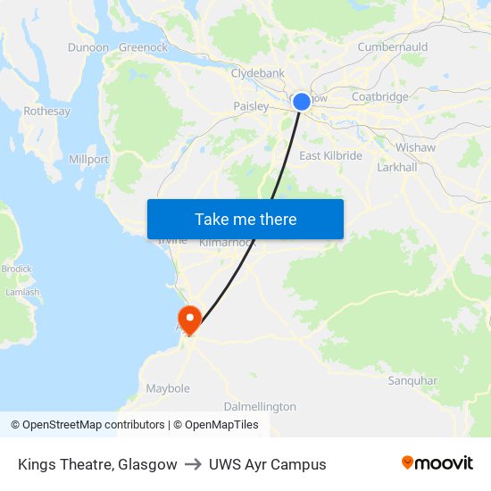Kings Theatre, Glasgow to UWS Ayr Campus map