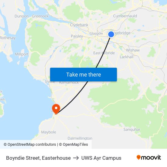 Boyndie Street, Easterhouse to UWS Ayr Campus map