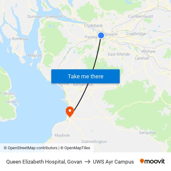 Queen Elizabeth Hospital, Govan to UWS Ayr Campus map