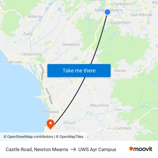 Castle Road, Newton Mearns to UWS Ayr Campus map