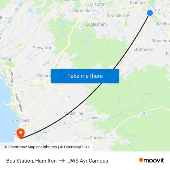 Bus Station, Hamilton to UWS Ayr Campus map