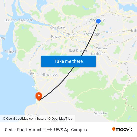 Cedar Road, Abronhill to UWS Ayr Campus map