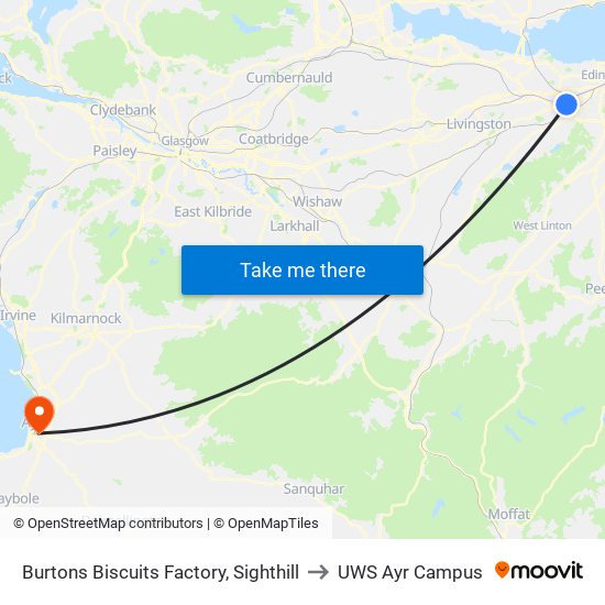 Burtons Biscuits Factory, Sighthill to UWS Ayr Campus map