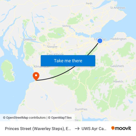 Princes Street (Waverley Steps), Edinburgh to UWS Ayr Campus map