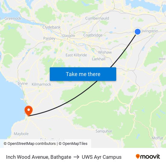 Inch Wood Avenue, Bathgate to UWS Ayr Campus map