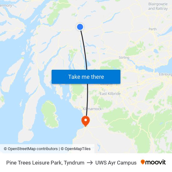 Pine Trees Leisure Park, Tyndrum to UWS Ayr Campus map