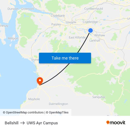 Bellshill to UWS Ayr Campus map