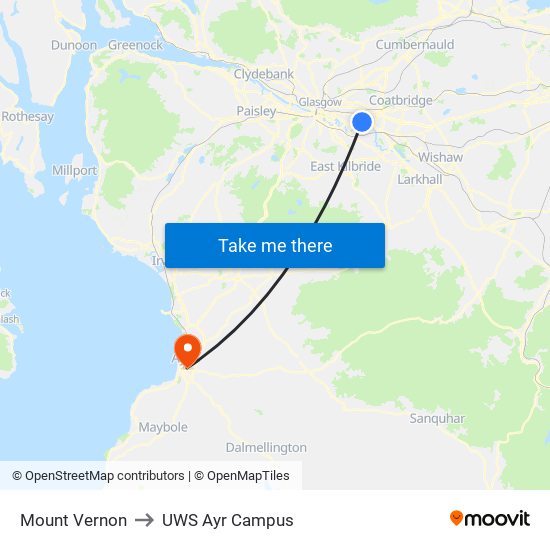 Mount Vernon to UWS Ayr Campus map