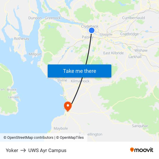 Yoker to UWS Ayr Campus map