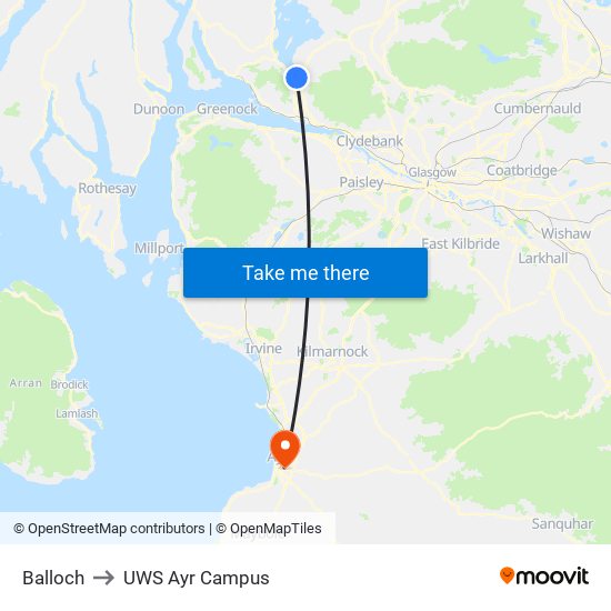 Balloch to UWS Ayr Campus map