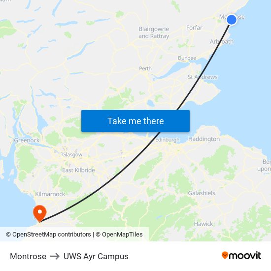 Montrose to UWS Ayr Campus map