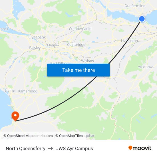 North Queensferry to UWS Ayr Campus map