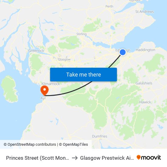Princes Street (Scott Mon.), Edinburgh to Glasgow Prestwick Airport (PIK) map