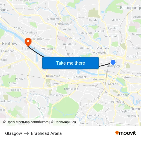 Glasgow to Braehead Arena map