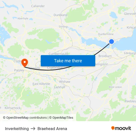 Inverkeithing to Braehead Arena map