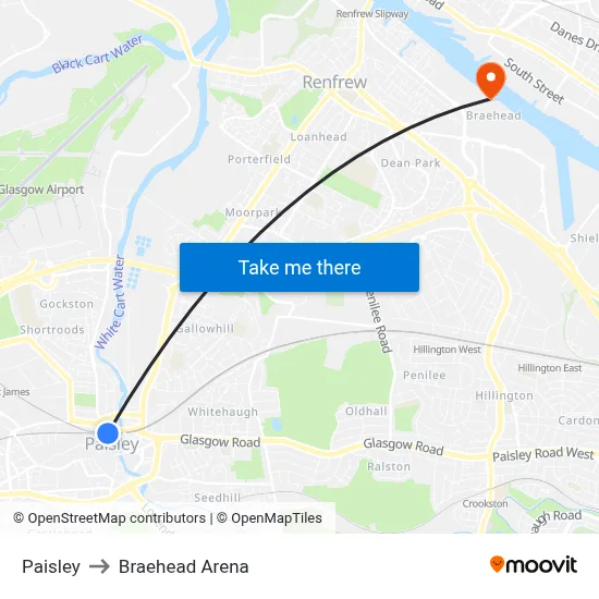 Paisley to Braehead Arena map