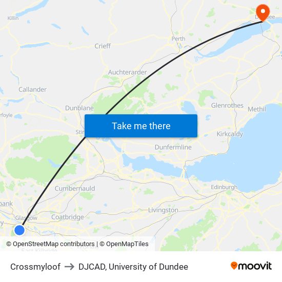 Crossmyloof to DJCAD, University of Dundee map