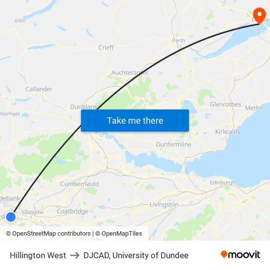 Hillington West to DJCAD, University of Dundee map