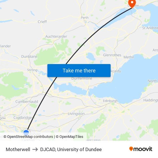 Motherwell to DJCAD, University of Dundee map
