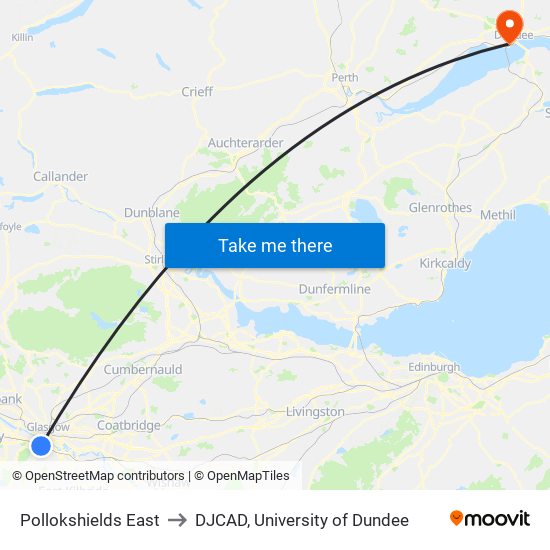 Pollokshields East to DJCAD, University of Dundee map