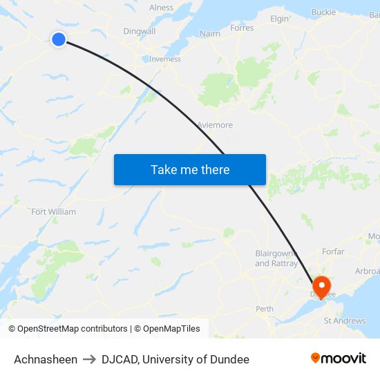 Achnasheen to DJCAD, University of Dundee map