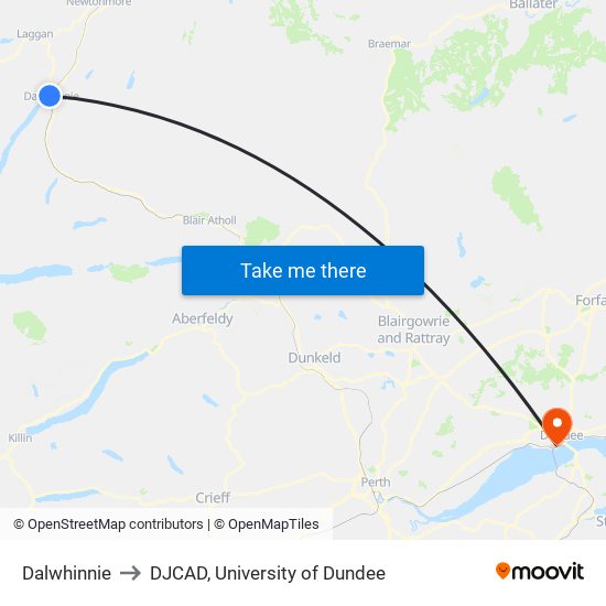 Dalwhinnie to DJCAD, University of Dundee map